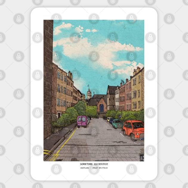 Edinburgh Downtown Retro Inspired Style Illustration Sticker by Wall-Art-Sketch